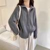 Cardigan de Tricô com Gola Reversível e Zíper Torcido Feminino Outono e Inverno Novo Solto Exterior Macio Cera Cor Sólida Casaco Suéter Top