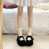 Zapatos peludos para mujer para usar en exteriores en otoño e invierno, forrados de felpa de lana de cordero, zapatos de algodón cálidos antideslizantes para las cuatro estaciones para mujeres embarazadas, zapatos Mary Jane para mujer