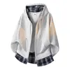 Sudadera con capucha de retazos a cuadros de alta calidad marca NASA para hombre, sudadera con cremallera de dos piezas falsas, marca americana moderna, chaqueta con cremallera