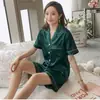 Pijama de verano transfronterizo para mujer, delgado, seda de hielo, sexy, cárdigan, manga corta, pantalones cortos, traje de talla grande, ropa de casa, venta al por mayor
