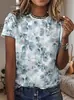 Camiseta europea y americana de manga corta para mujer con estampado 3D floral y a cuadros, camiseta de cuello redondo moderna y versátil