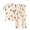 Pijama Doce de Morango para Mulheres, Conjunto de Homewear Fofo para Estudantes de Manga Curta e Calça Longa de Verão, Adequado para Usar Fora, Fino e Fofo