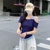 Tiro Real # Camiseta de Manga Corta con Hombro Caído Falsa de Dos Piezas para Mujer Verano 2025 de Gama Alta Pura Deseo Holgada Sin Hombros Cintura