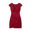 Vestido ajustado rojo sexy de cuello en V, elegante fruncido en la cintura, adelgazante, con abertura, de manga corta, vestido de una pieza, adecuado para club nocturno y trabajo