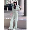 Conjunto de duas peças casual simples de cor sólida para outono e inverno feminino, estilo simples: moletom com capuz e zíper no bolso + calça de moletom wide leg