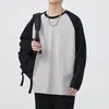Camiseta de manga raglán de algodón puro de peso pesado para hombre, camiseta base de retazos con bloques de color estilo americano, cuello redondo holgado, camiseta de manga larga unisex