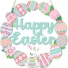 Letrero Decorativo de Madera Feliz Pascua Transfronterizo Corona de Conejo y Huevo Letrero de Puerta Decoración Colgante Decoración de Primavera Rosa y Verde