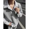 Moletom Polo americano retrô cinza de duas peças falsas para homens, estilo faculdade cleanfit, camiseta de manga longa listrada patchwork