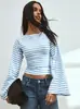 Wish Transfronterizo Amazon 2026 nueva moda para mujer: cómoda blusa/camiseta de rayas con cuello redondo, manga acampanada, efecto adelgazante, estilo europeo y americano