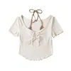 Costura de Color Contrastante Falso Dos Piezas Manga Corta para Mujer Dulce y Picante Oreja de Lazo Camiseta Ajustada Top Corto para Verano