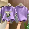 Camiseta de manga larga a rayas de algodón puro para niños, camiseta básica de otoño con dibujos animados, top falso de dos piezas para niños, casual y versátil