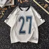 Camisetas Casuais Largas de Gelo com Gola V de Manga Curta e Painéis de Malha de Verão para Homens e Mulheres com Estampa Alfanumérica Americana