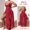 Estilo Europeu Profundo V Renda de Pérola Camisola Fenda Dupla Transparente Malha Longa Feminina Sexy Alças Roupa de Dormir 898