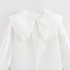 Nova Camisa Branca de Manga Longa Doce de Primavera Design de Cardigan com Gola de Boneca Feminina Top Chique de Nicho