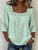 2026 Transfronterizo Amazon Nuevo Verano Color Sólido Casual Cuello Cuadrado Encaje Empalmado Manga Tres Cuartos Algodón y Lino Manga Corta Top para Mujer