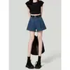 Shorts de mezclilla anchos estilo retro americano azul oscuro para mujer, nuevo estilo de moda de principios de primavera, de cintura alta, que se ajustan a la cadera, estilo A, hot pants para figuras petite