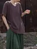 Blusas de Algodón y Lino para Mujer, Nuevo Estilo Verano 2026, Ropa Femenina Inspirada en el Zen, Manga Corta con Cuello en V de Bambú, Camiseta Femenina Artística Versátil de Corte Ajustado