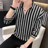 2022 nova camisa de manga três quartos masculina personalidade moda marca penteado camisa de manga curta masculina camisa de manga três quartos de verão
