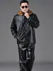 Chaqueta de cuero para el trabajo diario, pantalones de cuero, ropa de trabajo de otoño e invierno, capucha desmontable, a prueba de aceite, a prueba de viento, adecuada para el trabajo, conducir, andar en bicicleta, chaqueta cálida para exteriores