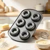 Forma para assar donuts de 6 cavidades, 0,6 mm de espessura, com bordas curvas, feita de aço carbono, antiaderente, design oco, adequada para fazer bagels e bolos, para fornos domésticos