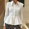 Cardigan de Manga Longa com Gola Reversível Estilo Europeu e Americano Novo Outono/Inverno 2026 para o Trabalho Retrô Cintura Marcada Emagrecedor Camisa com Barra de Babados