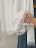 Talla Extra 100kg Estilo Coreano Camiseta Blanca de Manga Larga con Adorno de Encaje Suave para Mujer, Top Protector Solar, Moderno