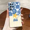 Funda de película Galaxy S26 con bloques de color de verano a rayas verticales amarillas y blancas, funda de teléfono fresca ultrafina con forma de concha de estrella de mar azul S25