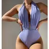 2026 Nuevo Bikini Sexy de Color Sólido con Cuello Halter en V sin Espalda Triángulo de una Pieza para Mujer