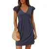 Comércio Exterior Europeu e Americano Roupas Femininas Transfronteiriças, O Vestido Mini Tank Ruched de Gola V com Mangas Flare Mais Vendido da Amazon