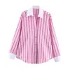 Conjunto de Moda Feminino Primavera 2026 Gola Branca Listras Rosas Camisa de Manga Longa Solta Blusa Estilo Casual
