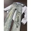 Jeans de pierna ancha con estampado de letras azul vintage para hombre, estilo de alta calle americano para primavera y otoño, pantalones rectos ajustados de pierna ancha en negro