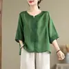 Elegante Blusa de Gasa de Mamá para Verano, de Moda Este Año, Camiseta Estampada de Manga Tres Cuartos Estilo Nacional de Verano para Mujeres de Mediana Edad y Mayores