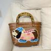 Bolsa Tote Feminina Pequena Quadrada Vintage Listrada Cão Dachshund Multicolorida Tecida com Alça de Bambu
