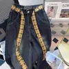 Calça Jeans Patchwork Xadrez Estilosa Feminina Plus Size com Amarração, Verão Cintura Alta Emagrecedora Solta de Perna Larga Longa