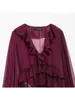 Blusa Feminina Marca Z com Babados e Decote V, Estilo Europeu e Americano Moderno, Cor Vinho Francês da Moda, Leste Za
