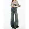 Jeans acampanados rasgados retro americanos para mujer, delgados de verano de cintura alta, holgados, adelgazantes, fluidos, de pierna ancha, hasta el suelo