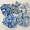 Elástico de Cabelo Listrado Azul Xadrez Estilo Coreano, Faixa de Cabelo Xadrez para Mulheres, Faixa Doce para o Início da Primavera, Acessório de Cabelo Esponjoso de Cano Alto