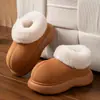 Chinelos de pelúcia de algodão femininos de cano alto com gola grande de pelo, sola grossa e macia, forrados com fleece para aquecimento, adequados para uso interno e externo