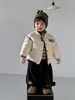 Nuevo conjunto de ropa interior con relleno de plumón para otoño e invierno para niños, con un elegante suéter a rayas y leggings forrados de polar, un atuendo de tres piezas