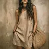 2026 Nuevo Vestido de Algodón y Lino de Hombro Único Estilo Europeo y Americano para Mujer, Sin Mangas Holgado con Bolsillo Vestido Corto de Vacaciones, Moda Femenina Transfronteriza