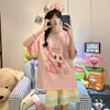 Pijama para Mujer, Verano Algodón Peinado Manga Corta Shorts, Rayas Finas Verano Casual Dibujos Animados Usable Conjunto de Ropa para el Hogar