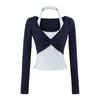 Camiseta de Manga Larga de Dos Piezas Falsas con Bloques de Color de Moda para Mujer Diseño Otoño 2025 Cuello Halter Ajustada Base Top Corto