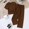 Moda Europeia e Americana Meninas Verão Design Plissado Manga Curta Top + Calça Conjunto de Duas Peças Infantil Ins