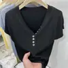 Camiseta Casual de Manga Corta con Cuello Medio Abierto Estilo Coreano para Mujer, Primavera 2026 Ajustada Versátil Top Corto de Punto Acanalado, Negro