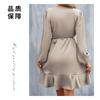 Vestido de Satén con Cuello en V de Verano Cintura de Satén Falda Midi Escotada Exportación Amazon Transfronterizo Estilo Europeo y Americano Ropa de Mujer