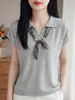 Camiseta Feminina de Verão Manga Curta Malha Fresca Gola Polo com Laço Estilo Coreano Soltinha Elegante Gola Reversível Casual