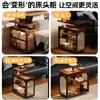 Mesa de noche móvil de madera maciza, mesa auxiliar pequeña, mesa de cama ajustable, estante lateral de almacenamiento integrado para dormitorio en casa estilo vintage