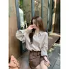 Toma real: Camisa a rayas de estilo retro coreano, sencilla, con cuello y ribete de encaje para mujer, corte holgado, top versátil de manga larga, 25158