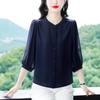 Novos Tops de Verão 2024 de Manga Média para Mulheres com Mangas Três Quartos, Camisas de Chiffon Soltas que Cobrem a Barriga, Camisas Elegantes que Reduzem a Idade