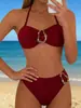 Traje de baño bikini de dos piezas con cuello halter para mujer con decoración de hebilla metálica, parte inferior de natación de cintura alta, traje de baño sexy para fotos de vacaciones en la playa